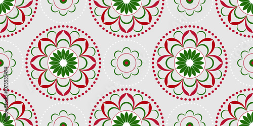 Floral seamless pattern in christmas colors. Red, green, white floral elements on grey background. Plant ornate mandala vector illustration. Geometry folk round elements for winter decor.
