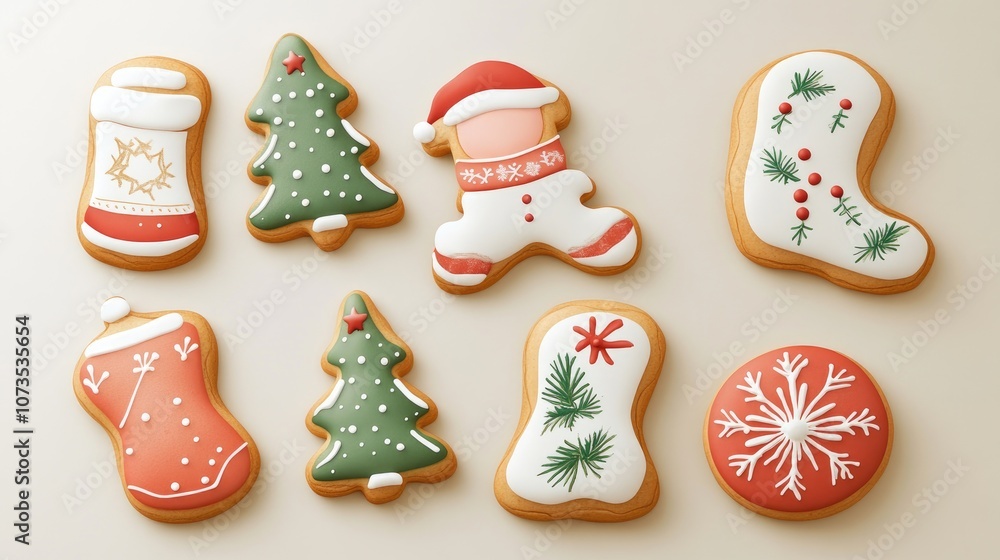 decorated gingerbread cookies with Christmas elements, flat design, top view, Christmas theme, water color, split-complementary color scheme decorated gingerbread cookies with Christmas elements, flat design, top view, Christmas theme, water color, split-complementary color scheme