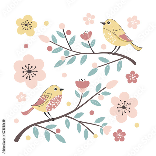 little birds and variant flowers cute pattern illustration