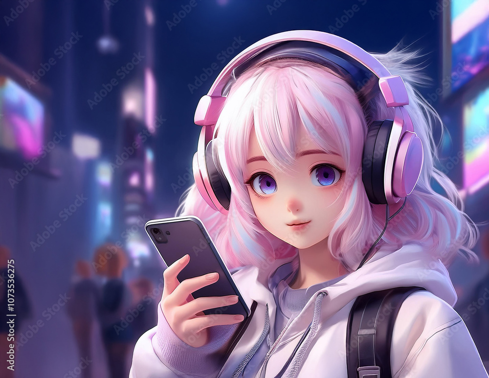 Manga Mädchen mit Smartphone und Kopfhörer