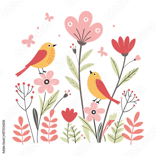 little birds and variant flowers cute pattern illustration
