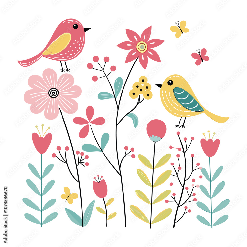 Fototapeta premium little birds and variant flowers cute pattern illustration