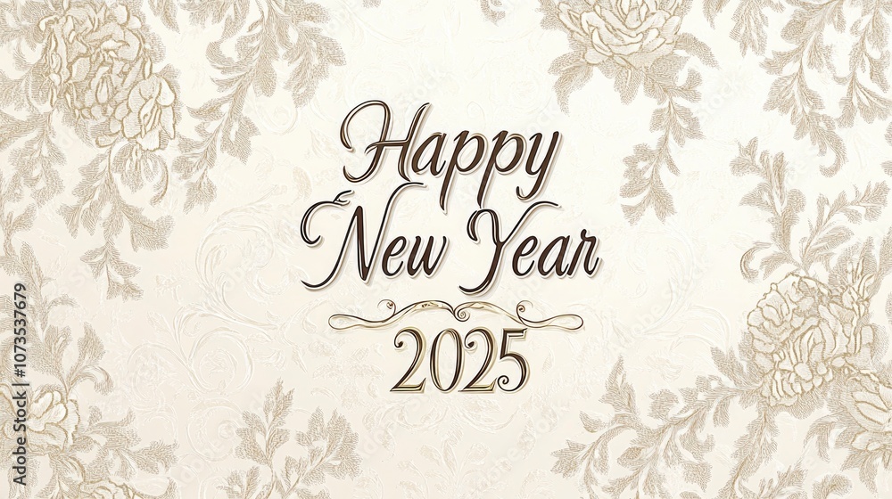 Obraz premium Marking New Year 2025 shown in elegant cursive on a soft cream background with delicate lace patterns. The design is refined and classy.
