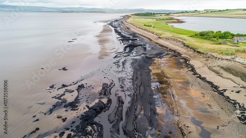 Aerial view of coastal area with dark, sticky tar covering beach and seawater, highlighting environmental pollution and providing copy space for text or design.