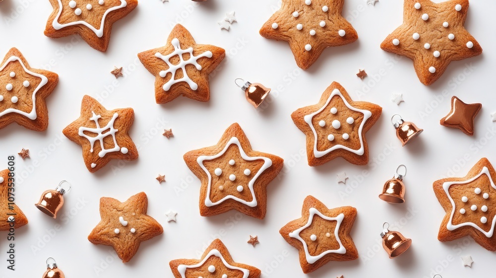 gingerbread cookies shaped like stars and bells, flat design, Christmas theme, white background, cartoon drawing, triadic color scheme gingerbread cookies shaped like stars and bells, flat design, Christmas theme, white background, cartoon drawing, triadic color scheme