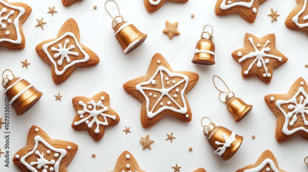 gingerbread cookies shaped like stars and bells, flat design, Christmas theme, white background, cartoon drawing, triadic color scheme gingerbread cookies shaped like stars and bells, flat design, Christmas theme, white background, cartoon drawing, triadic color scheme