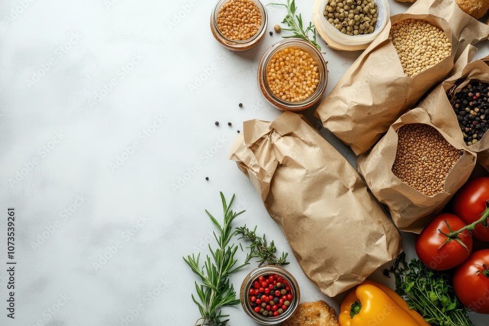 Fresh vegetables and spices in paper bags on white background Fresh vegetables and spices in paper bags on white background