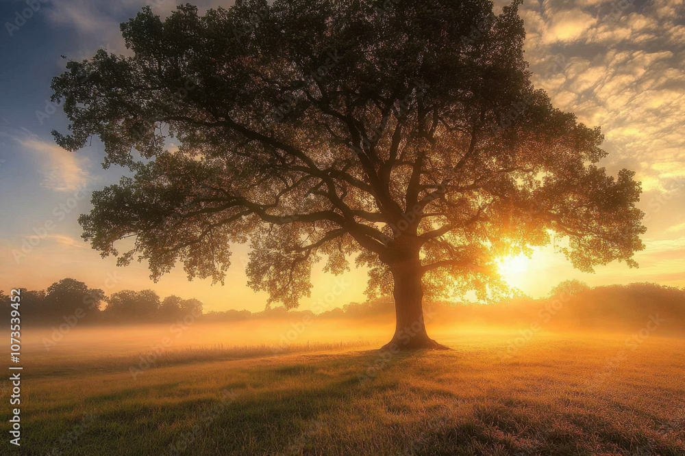 Majestic oak tree silhouetted by a stunning sunrise, casting warm golden light over a misty field, creating a serene and peaceful natural setting. Majestic oak tree silhouetted by a stunning sunrise, casting warm golden light over a misty field, creating a serene and peaceful natural setting.