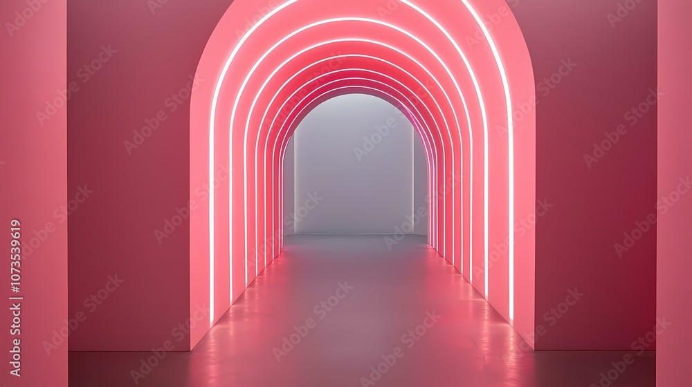 The image shows an empty room with a pink wall and a white ceiling, with a series of arched neon lights illuminating the floor. The image shows an empty room with a pink wall and a white ceiling, with a series of arched neon lights illuminating the floor.