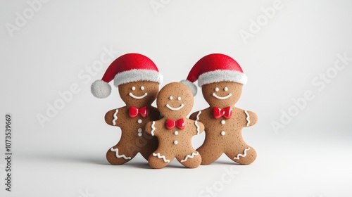 gingerbread family with Santa hats, flat design, Christmas theme, white background, animation, complementary color scheme photo