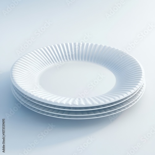 A stack of white paper plates on a white background