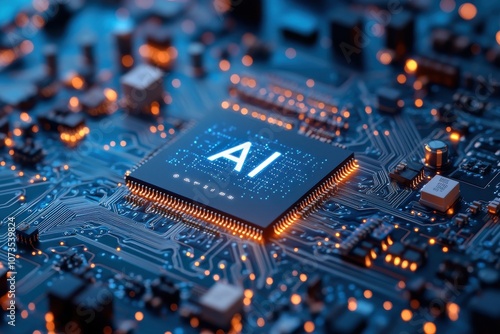 AI microchip on circuit board representing artificial intelligence