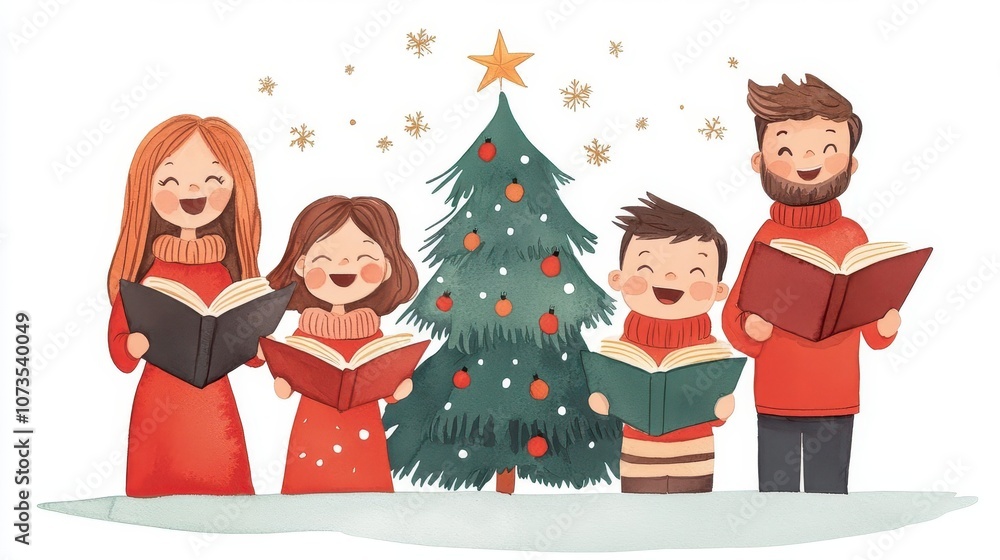Fototapeta premium Family singing carols around a Christmas tree, watercolor, joyful faces, warm holiday spirit, cozy scene