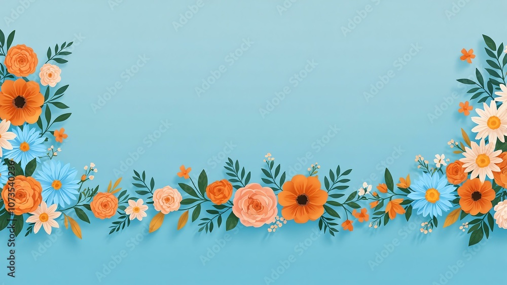 Fototapeta premium tangerine & powder blue colors floral pattern border made of beautiful flowers on gradient background. Flat lay, top view, with space for text