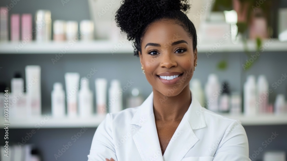 A woman in a white lab coat is smiling and posing for a picture A woman in a white lab coat is smiling and posing for a picture