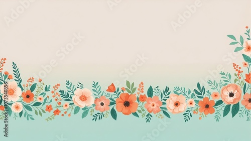 seafoam green & coral colors floral pattern border made of beautiful flowers on gradient background. Flat lay, top view,  with space for text photo