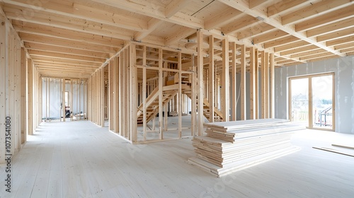 Close up view of the wooden skeleton frame and support structure of a modern house under construction  The image showcases the intricate beams timber
