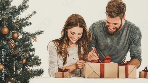 Parents wrapping gifts near a Christmas tree, watercolor, joyful expressions, cozy holiday atmosphere photo