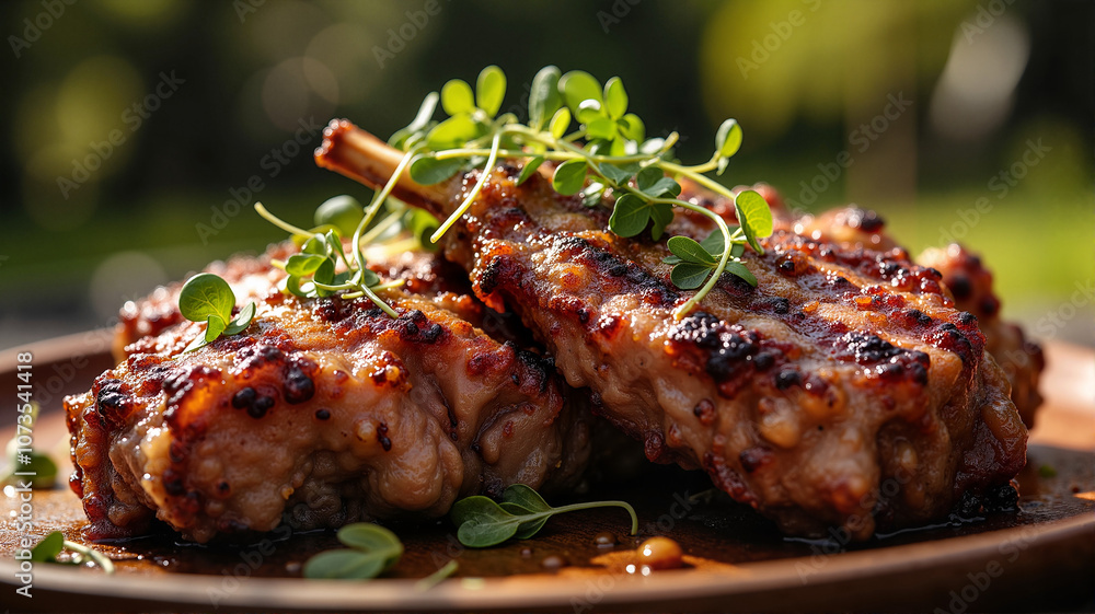 Grilled lamb chops with microgreens on rustic plate Grilled lamb chops with microgreens on rustic plate