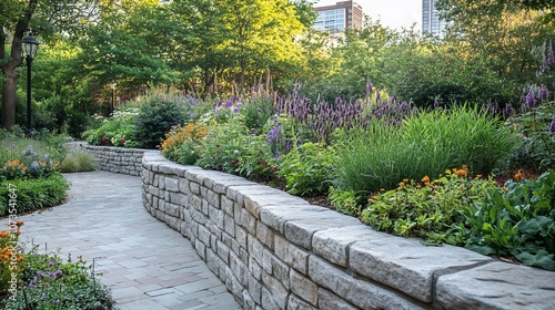 Fototapeta Naklejka Na Ścianę i Meble -  A paved pathway winds through a lush, colorful garden with stone retaining walls.
