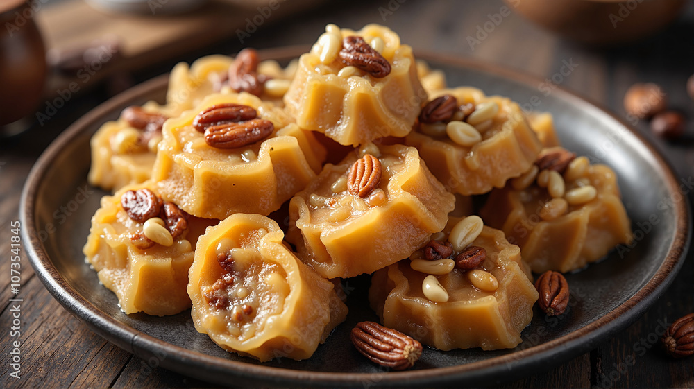 Homemade baklava rolls with nuts on rustic plate Homemade baklava rolls with nuts on rustic plate