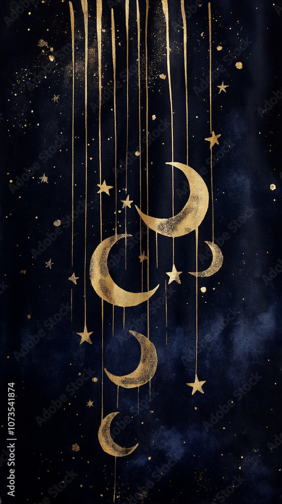 Glänzende goldene Monde und Sterne auf tiefblauem Hintergrund
Glänzende goldene Monde und Sterne auf tiefblauem Hintergrund