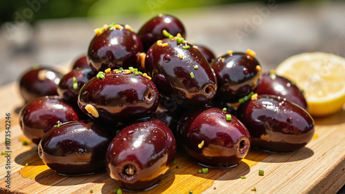 Shiny marinated olives with herbs on wooden board