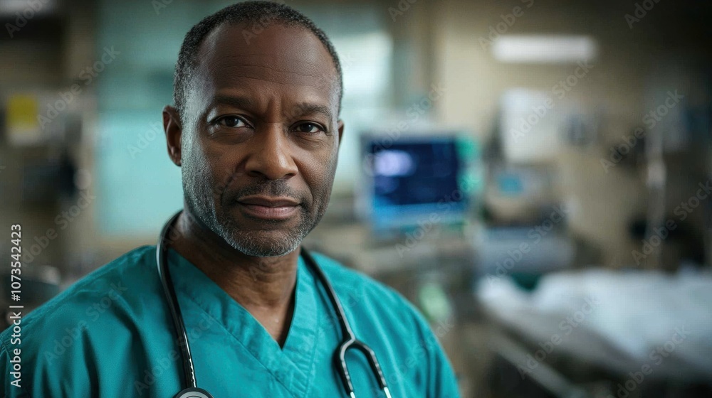 A man in a green scrubs is standing in front of a hospital bed A man in a green scrubs is standing in front of a hospital bed