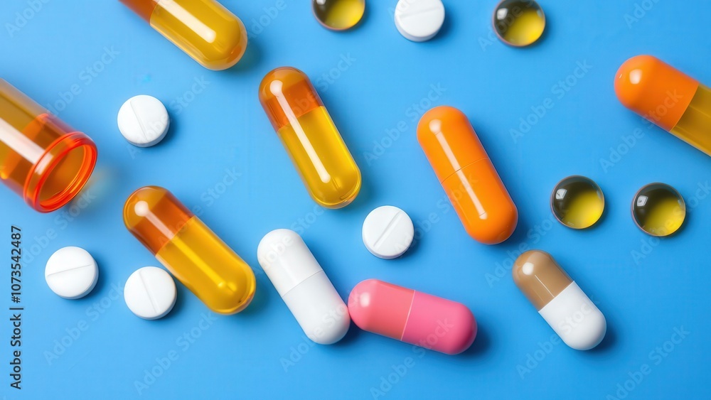 Bright Blue Background with Assorted Prescription Pills and Vitamins, Perfect for Medical and Health Product Advertising Bright Blue Background with Assorted Prescription Pills and Vitamins, Perfect for Medical and Health Product Advertising
