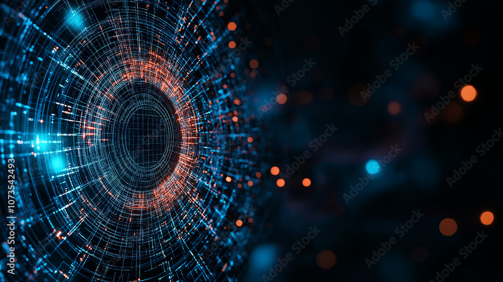 Obraz premium Cybernetic Eye: Abstract digital art depicting a mesmerizing, glowing cybernetic eye, swirling with intricate lines and vibrant hues of blue and orange, set against a dark, bokeh-filled background. 