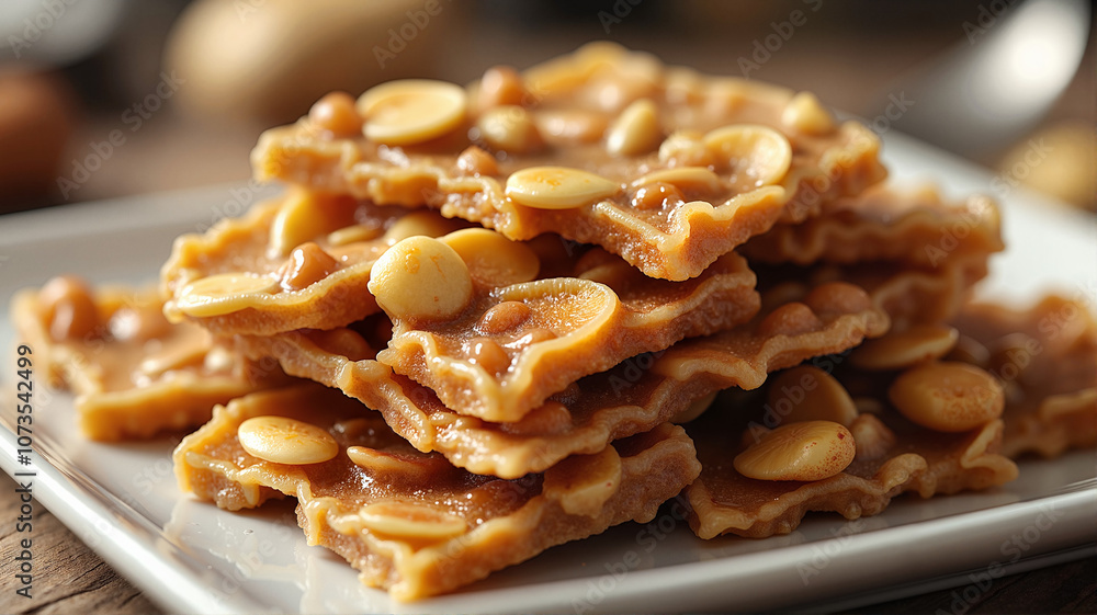 Homemade peanut brittle stacked on white plate Homemade peanut brittle stacked on white plate