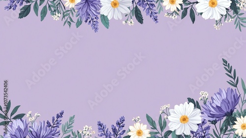 lavender & white colors floral pattern border made of beautiful flowers on gradient background. Flat lay, top view,  with space for text