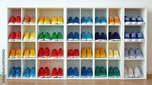 Colorful Array of Shoes Organized in a Neat Display on a Shelving Unit, Showcasing a Rainbow Spectrum of Styles and Designs for Fashion Enthusiasts and Retail Spaces