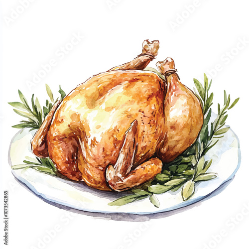 Roasted chicken watercolor clipart illustration