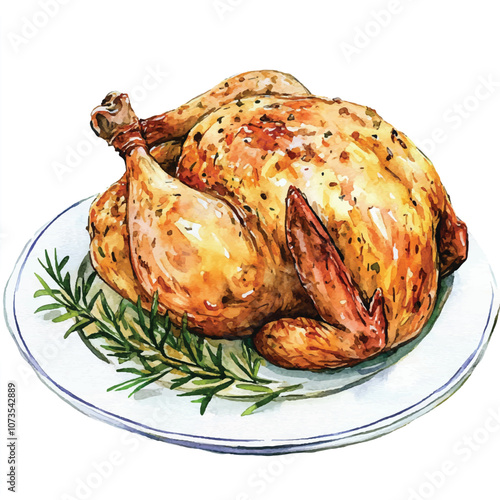 Roasted chicken watercolor clipart illustration