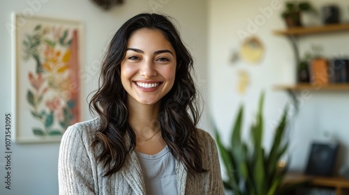 A woman with long hair is smiling and posing for a picture