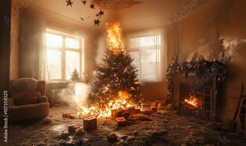 A fire on Christmas Day. A decorated Christmas tree on fire. Dangerous holiday, fire in an empty apartment, cami with socks, ashes, night fire, furniture burned, ruined apartment. threat, danger