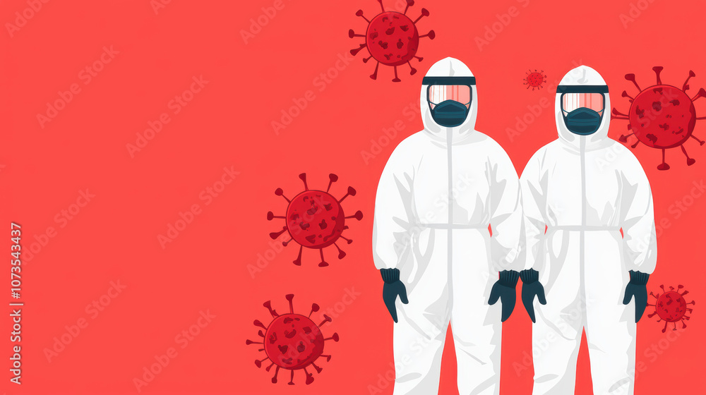 Two individuals in protective suits stand against a red background, with a pattern of virus illustrations, symbolizing healthcare and safety during a pandemic. Two individuals in protective suits stand against a red background, with a pattern of virus illustrations, symbolizing healthcare and safety during a pandemic.