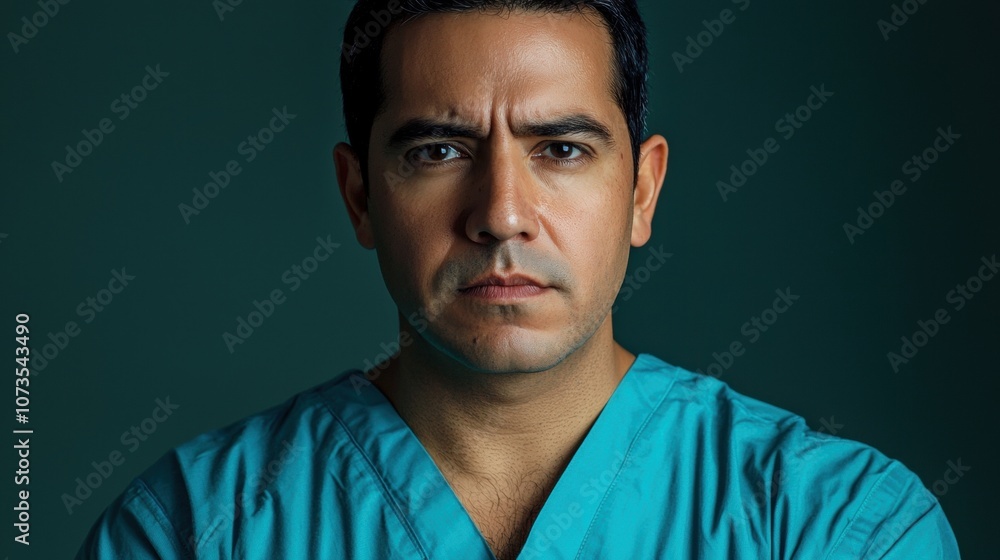A man in a blue scrubs shirt is looking at the camera with a serious expression A man in a blue scrubs shirt is looking at the camera with a serious expression