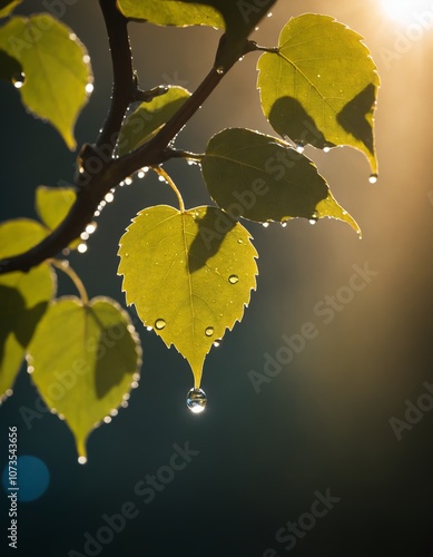 Concept of rain, sun, water and green leaves on a tree. Drops of water shimmer in the backlight.