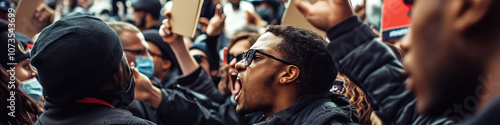 A tense confrontation between opposing groups of demonstrators. photo