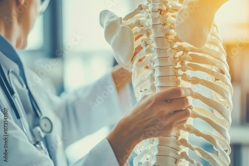 Doctor showing a scoliosis spine model to a patient