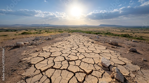 Wide shot of cracked and parched ground in a dry arid landscape with intense sunlight beaming down and scattered rocks dotting the rugged desolate terrain