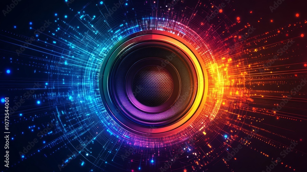 Obraz premium A close-up of a speaker with colorful light streaks and particles.