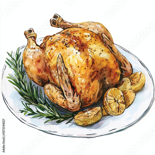 Roasted chicken watercolor clipart illustration