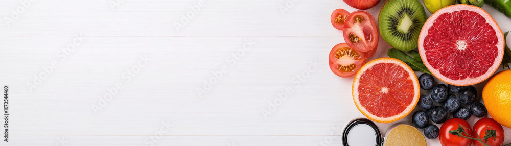 A vibrant arrangement of assorted fruits including grapefruit, kiwi, orange, and blueberries against a simple white background. A vibrant arrangement of assorted fruits including grapefruit, kiwi, orange, and blueberries against a simple white background.