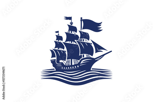 Sail boat Logo, Pirate Ship, sailing ship under the black flag, logo design template, sailboat or frigate icon. yacht. Silhouette.
