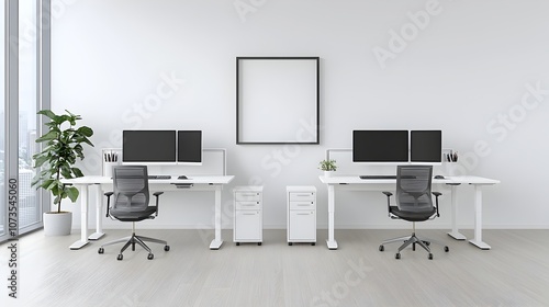 Bright and Minimalist Office Layout with Blank Frame on Wall Streamlined Workspace Design with Modern Furniture and Technology