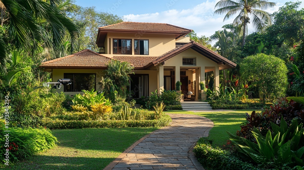 A modern two-story home with a lush tropical garden, a paved walkway leading to the front entrance, and a bright sunny sky.