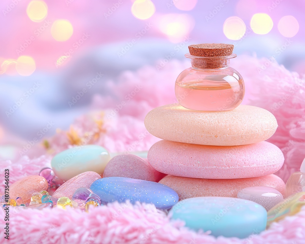 Serene beauty setup with pastel stones, a glass bottle, and soft textures. Serene beauty setup with pastel stones, a glass bottle, and soft textures.
